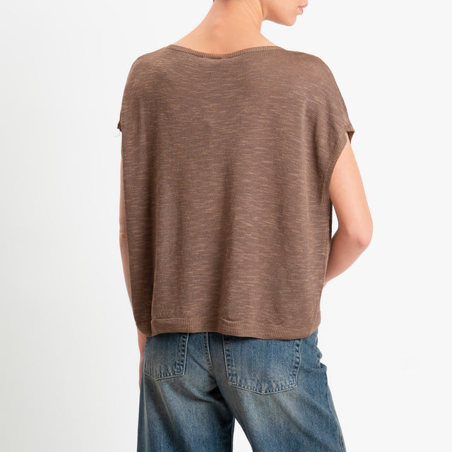 Zeroassoluto-Maglia smanicata garzata misto lino - choco
