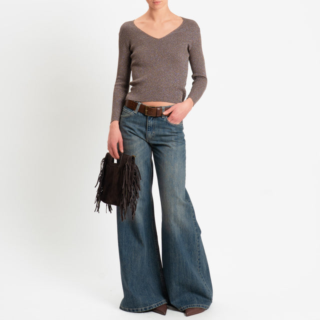 Zeroassoluto-Maglia a v in lurex costine elasticizzata - choco