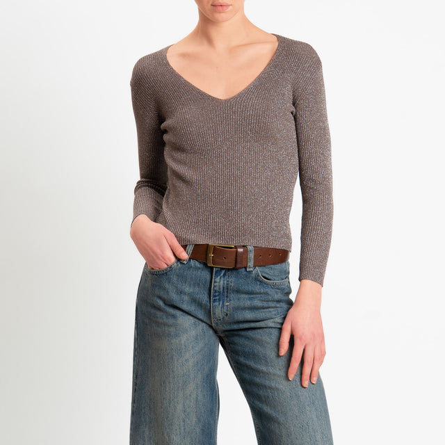 Zeroassoluto-Maglia a v in lurex costine elasticizzata - choco