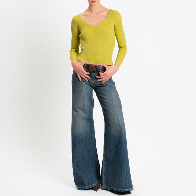 Zeroassoluto-Maglia a v in lurex costine elasticizzata - lime