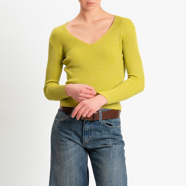 Zeroassoluto-Maglia a v in lurex costine elasticizzata - lime