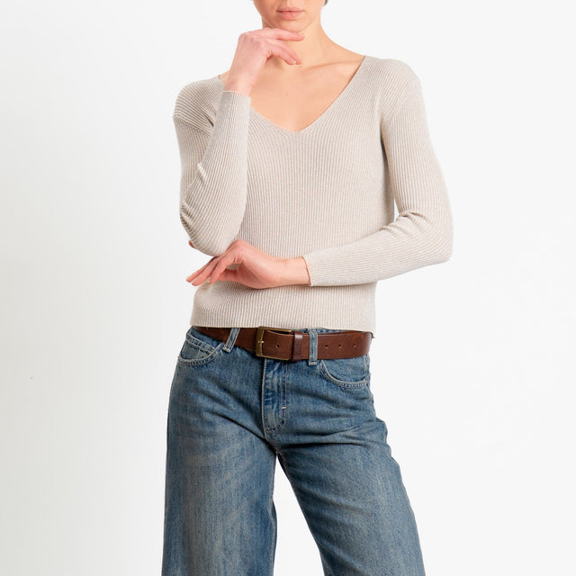 Zeroassoluto-Maglia a v in lurex costine elasticizzata - sand