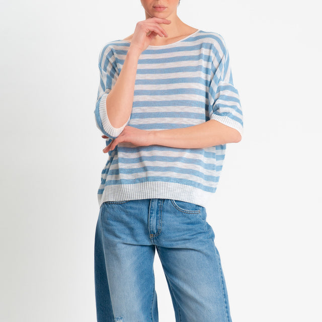 Zeroassoluto-Maglia girocollo a righe garza di viscosa - celeste/bianco
