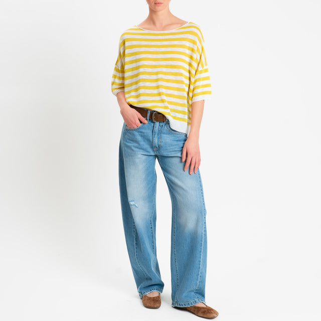 Zeroassoluto-Maglia girocollo a righe garza di viscosa - senape/bianco