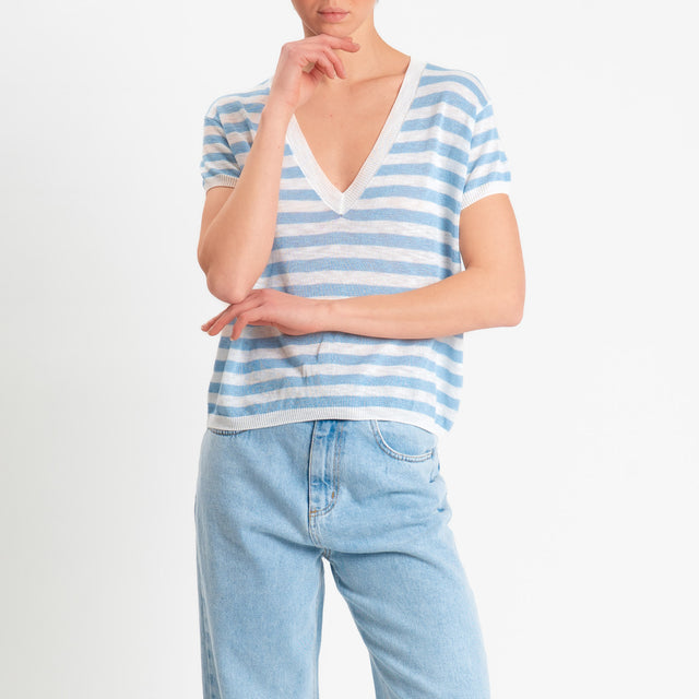 Zeroassoluto-Maglia scollo v a righe garza di viscosa - celeste/bianco