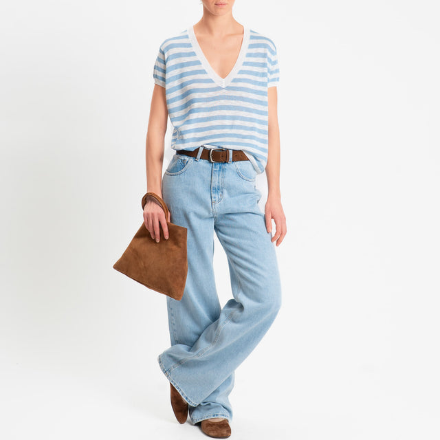 Zeroassoluto-Maglia scollo v a righe garza di viscosa - celeste/bianco