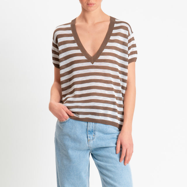 Zeroassoluto-Maglia scollo v a righe garza di viscosa - choco/bianco