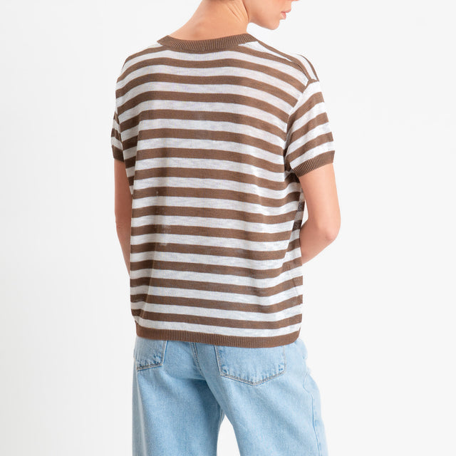 Zeroassoluto-Maglia scollo v a righe garza di viscosa - choco/bianco