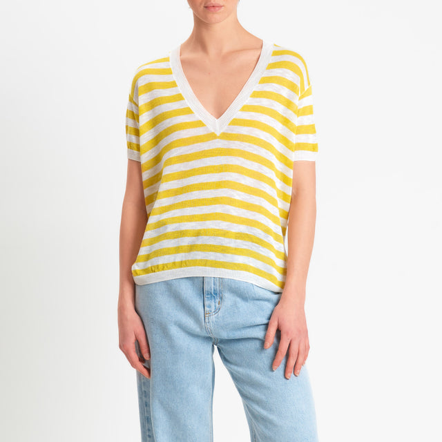 Zeroassoluto-Maglia scollo v a righe garza di viscosa - senape/bianco