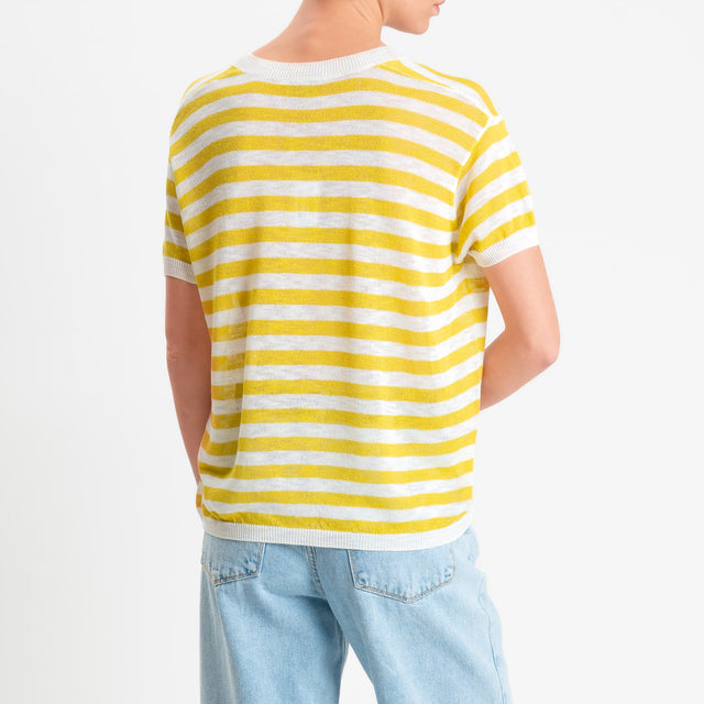 Zeroassoluto-Maglia scollo v a righe garza di viscosa - senape/bianco