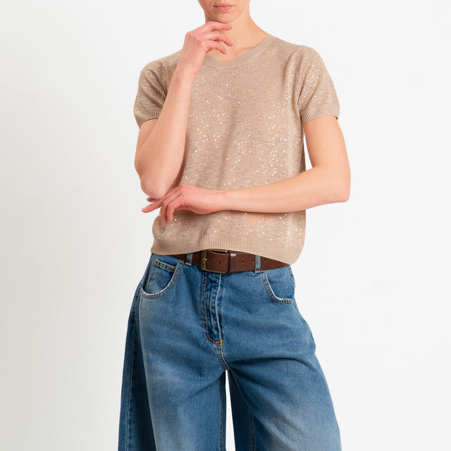 Zeroassoluto-Maglia girocollo micropaillettes - beige