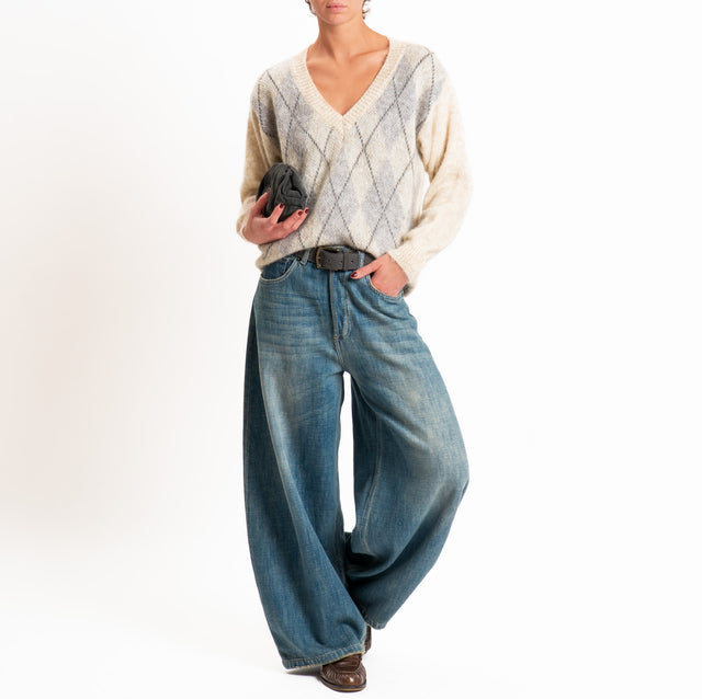 Zeroassoluto-Maglia scollo v argyle in mohair - beige/grigio