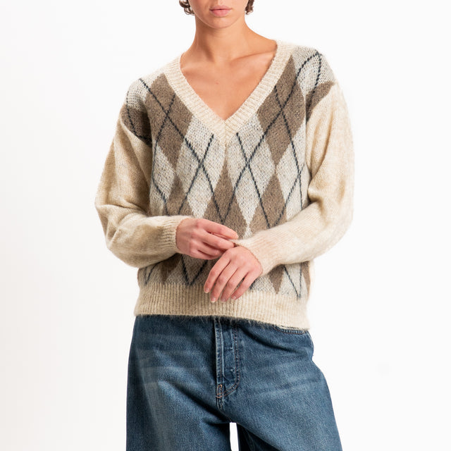 Zeroassoluto-Maglia scollo v argyle in mohair - beige/tortora