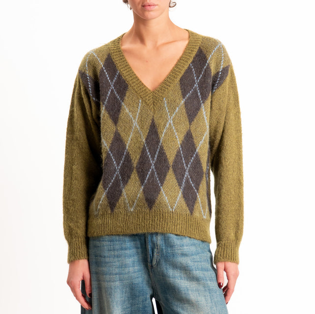 Zeroassoluto-Maglia scollo v argyle in mohair - militare/moro