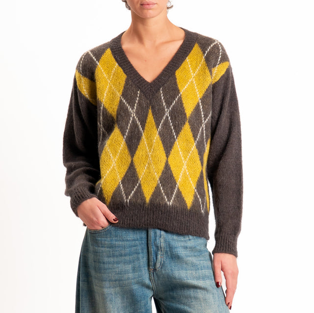 Zeroassoluto-Maglia scollo v argyle in mohair - moro/olio