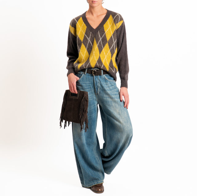 Zeroassoluto-Maglia scollo v argyle in mohair - moro/olio