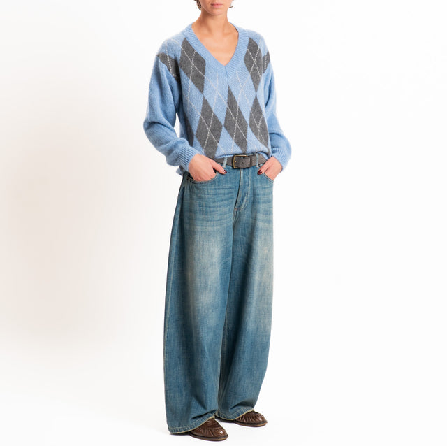 Zeroassoluto-Maglia scollo v argyle in mohair - polvere/piombo
