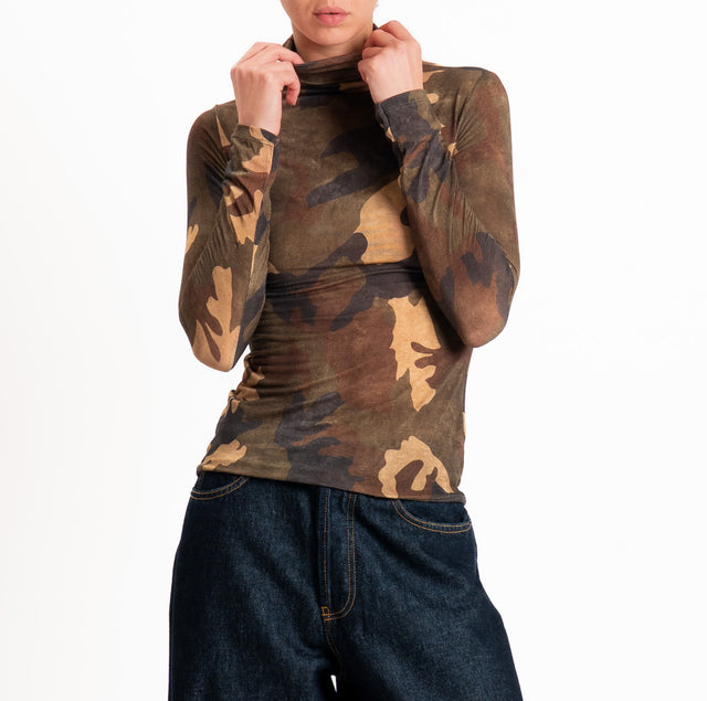Zeroassoluto-T-shirt sottile collo alto camouflage MISTO CASHMERE - militare/moro/beige