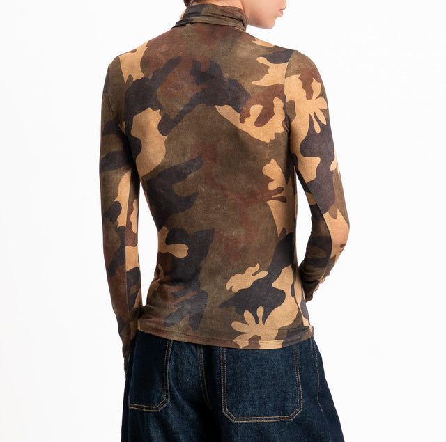 Zeroassoluto-T-shirt sottile collo alto camouflage MISTO CASHMERE - militare/moro/beige