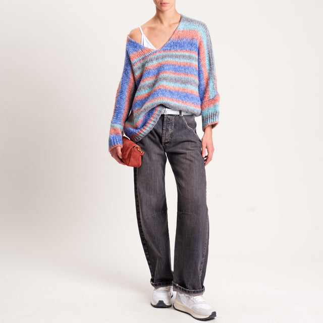 Zeroassoluto-Maglia a righe manica 3/4 misto lana - avio/acqua/grigio