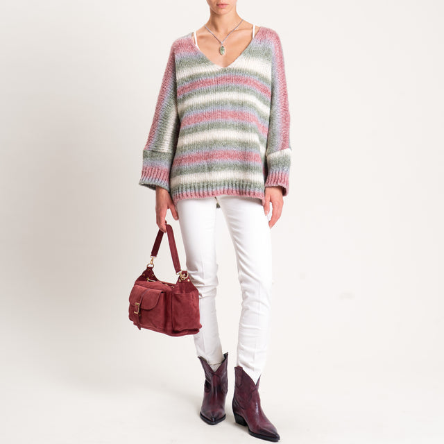 Zeroassoluto-Maglia a righe manica 3/4 misto lana - latte/salvia/mauve