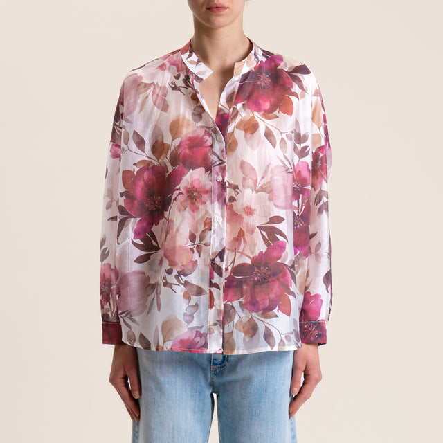 Zeroassoluto-Camicia MINA mussola lyocell a scatola collo coreana - fiori burro/moro/malva