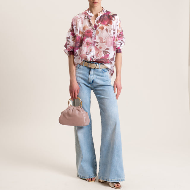 Zeroassoluto-Camicia MINA mussola lyocell a scatola collo coreana - fiori burro/moro/malva