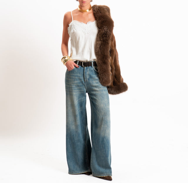 Zeroassoluto-Top in satin elasticizzato con pizzo - burro/latte