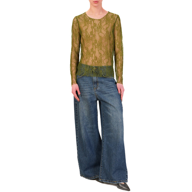 Zeroassoluto-Blusa in pizzo elasticizzato - verde bosco