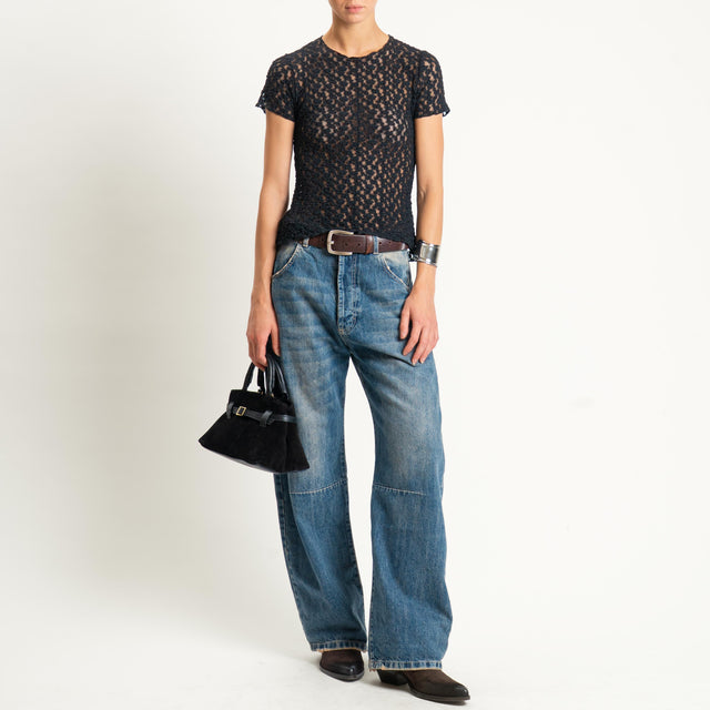 Zeroassoluto-T-shirt in pizzo elasticizzato slim fit- nero