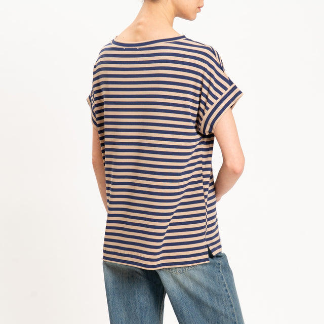 Zeroassoluto-T-shirt righe scatola in jersey - beige/blu