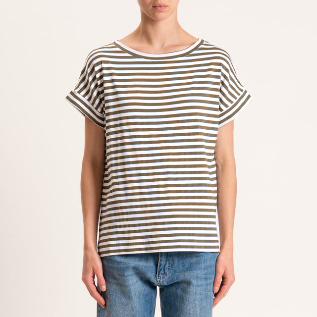 Zeroassoluto-T-shirt righe scatola in jersey - latte/militare