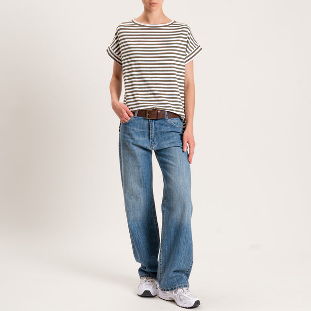 Zeroassoluto-T-shirt righe scatola in jersey - latte/militare