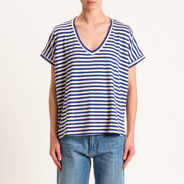 Zeroassoluto-T-shirt righe scollo a v in jersey - beige/blu