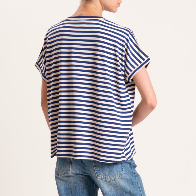 Zeroassoluto-T-shirt righe scollo a v in jersey - beige/blu