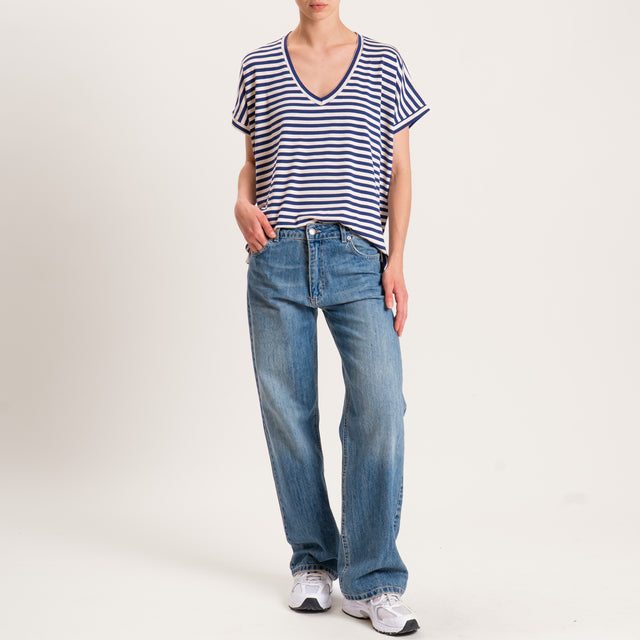 Zeroassoluto-T-shirt righe scollo a v in jersey - beige/blu