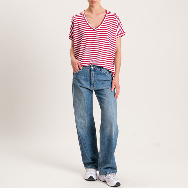 Zeroassoluto-T-shirt righe scollo a v in jersey - latte/india