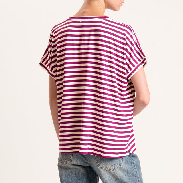 Zeroassoluto-T-shirt righe scollo a v in jersey - latte/magenta