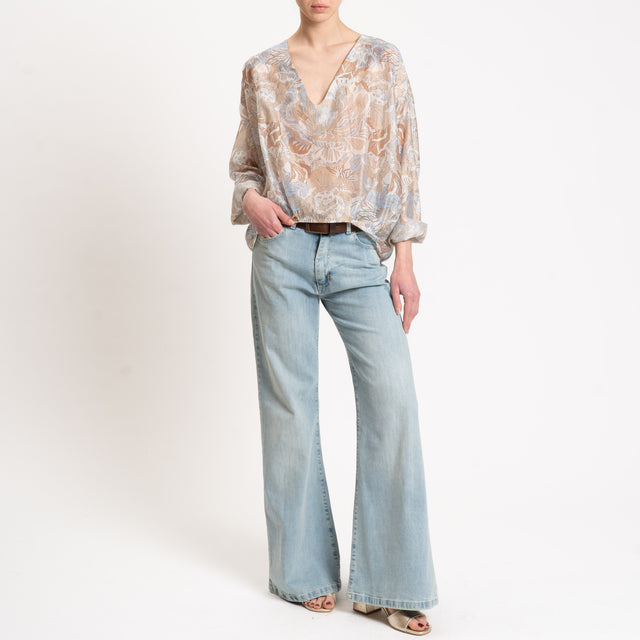 Zeroassoluto-Blusa LEA fantasia scollo v - floreale latte/beige/cielo