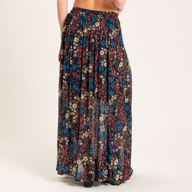 Zeroassoluto-Gonna LIMA georgette fantasia - fiori nero/azzurro/cherry