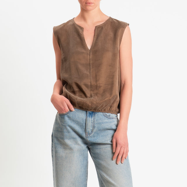 Zeroassoluto-Blusa smanicata cupro lyocell fibra naturale - choco
