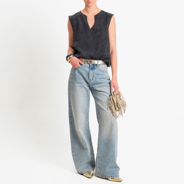 Zeroassoluto-Blusa smanicata cupro lyocell fibra naturale - lavagna