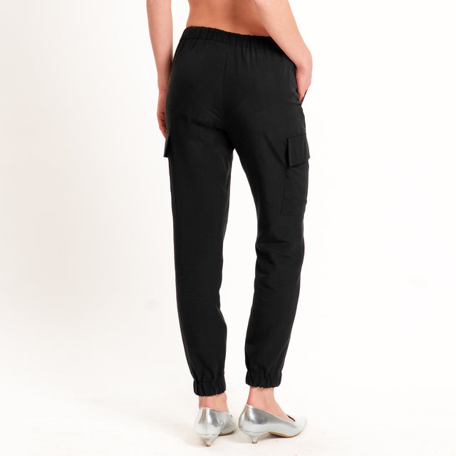 Zeroassoluto-Pantalone cargo elastico dietro tencel fibra naturale - nero