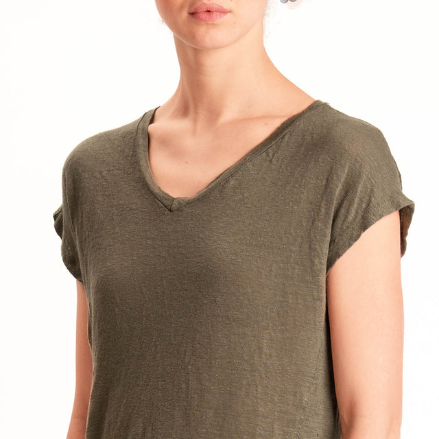 Zeroassoluto-T-shirt scollo v 100% LINO - kaki