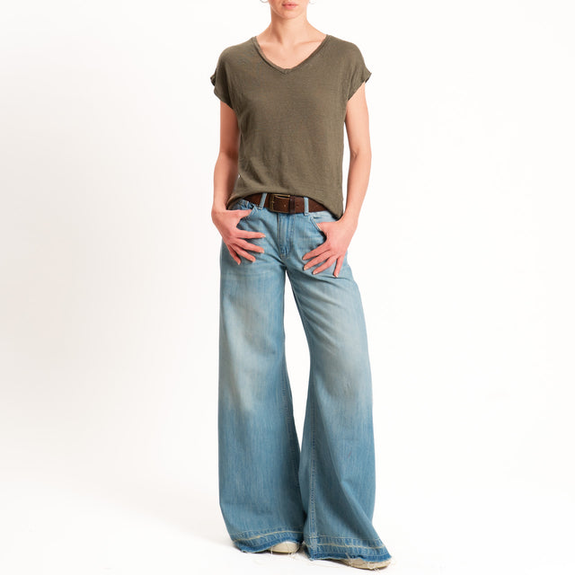 Zeroassoluto-T-shirt scollo v 100% LINO - kaki