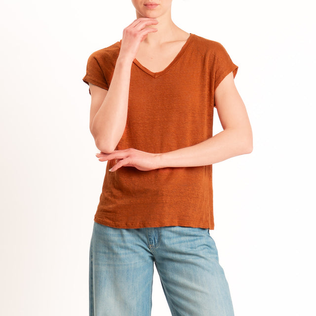 Zeroassoluto-T-shirt scollo v 100% LINO - rust