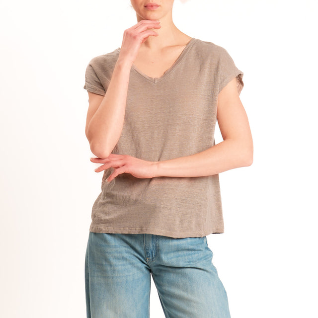 Zeroassoluto-T-shirt scollo v 100% LINO  - sahara