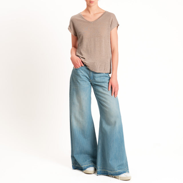 Zeroassoluto-T-shirt scollo v 100% LINO  - sahara
