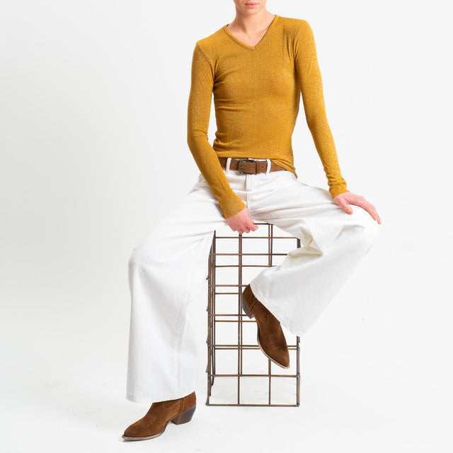 Zeroassoluto-T-shirt scollo v con lurex - Senape