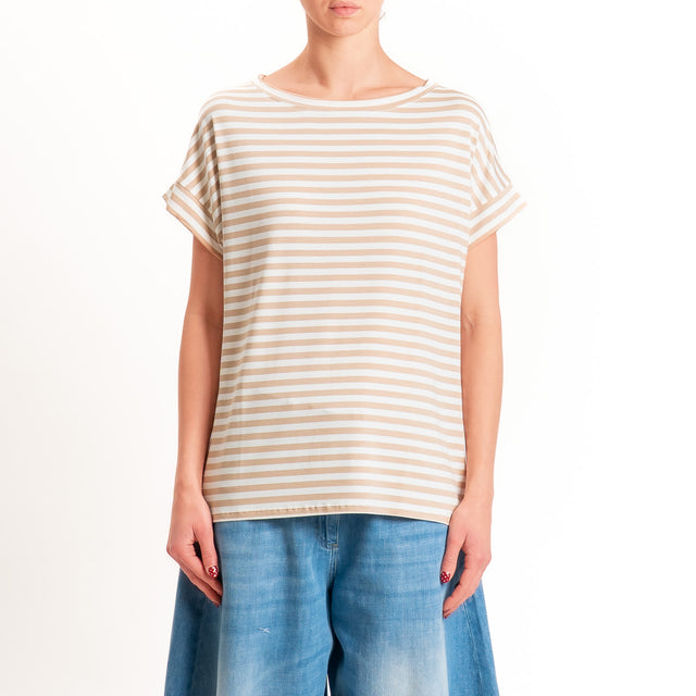 Zeroassoluto T-shirt a righe scatola in jersey - biscotto/latte